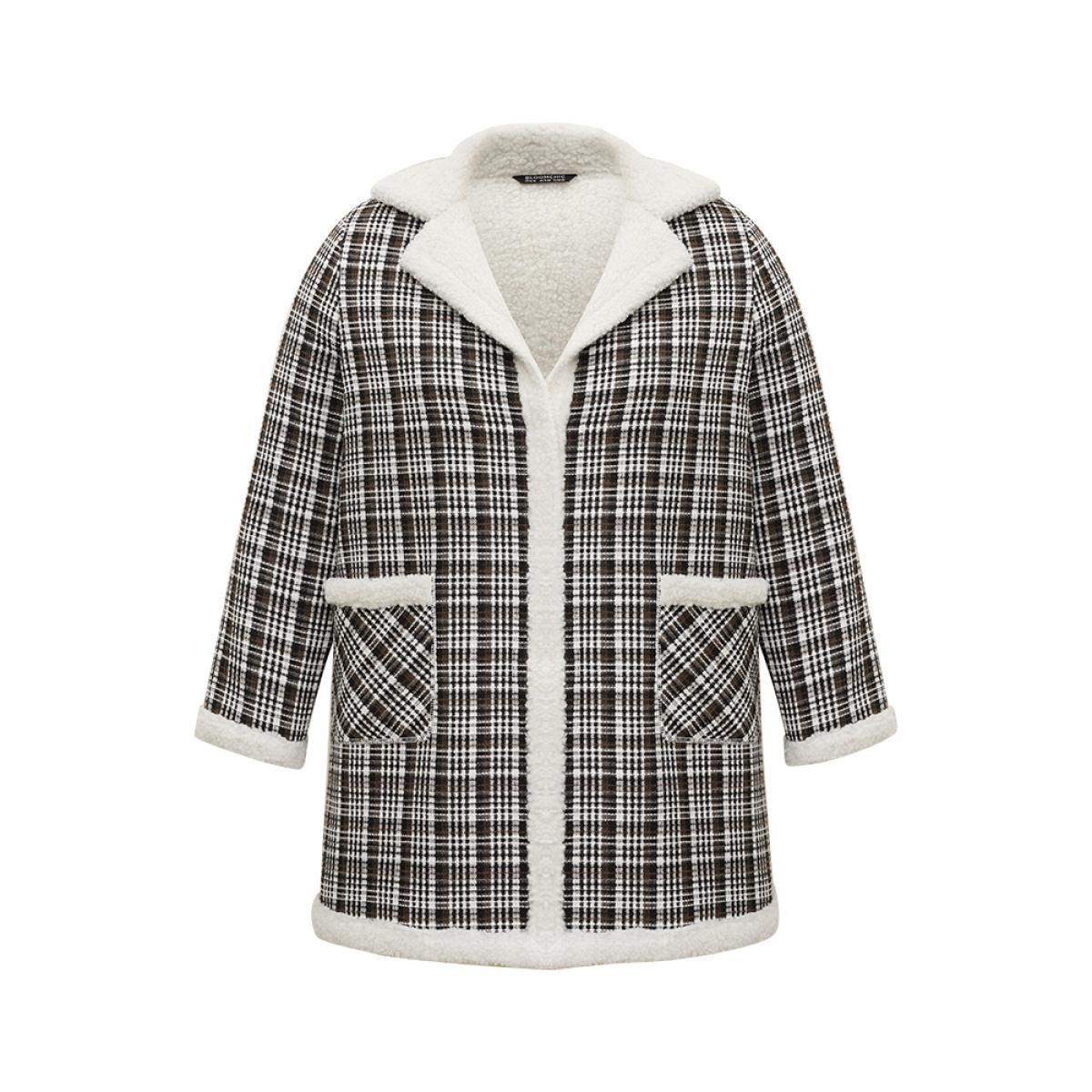 Plus Size Plaid Fuzzy Trim Patchwork Lapel Collar Pocket Coat Women Black Casual Contrast Ladies Everyday Winter Coats BloomChic 18-20/2X Product Image