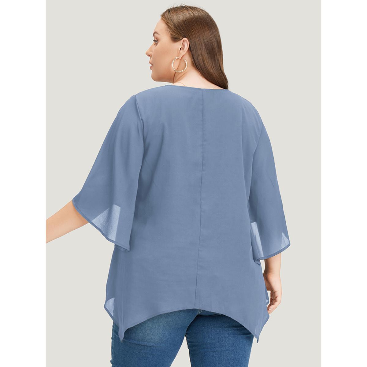 Plus Size LightBlue Plain Mesh Flutter Sleeve Hanky Hem Blouse Women Office Elbow-length sleeve Round Neck Dailywear Blouses BloomChic 14-16/1X Product Image