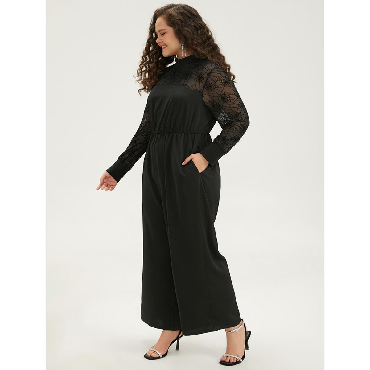 Plus Size Black Halloween Anti-Wrinkle Spider Web Crochet Lace Mesh Jumpsuit Women Glamour Long Sleeve Mock Neck Festival-Halloween Loose Jumpsuits BloomChic 12/L Product Image