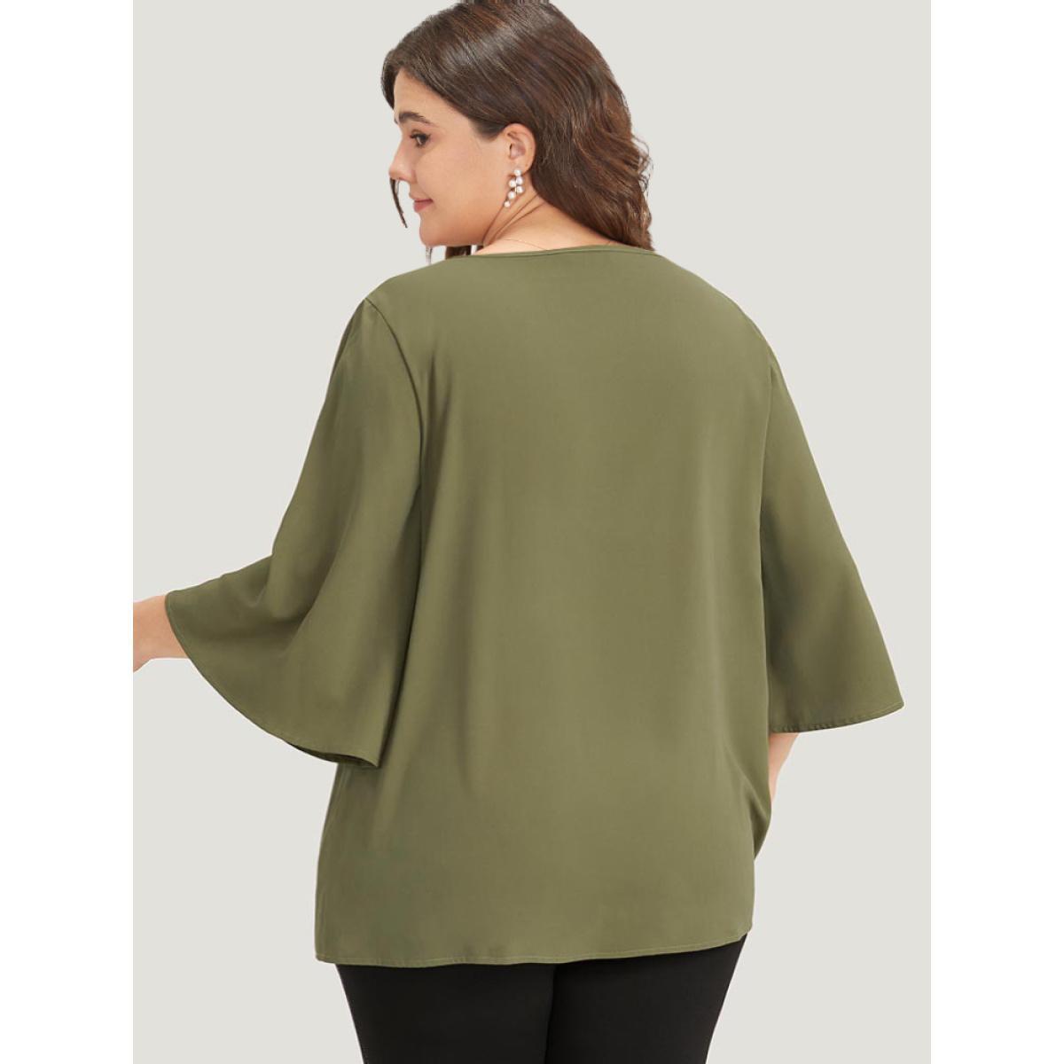 Plus Size ArmyGreen Plain Pleated Detail Bell Sleeve Blouse Women Office Elbow-length sleeve Round Neck Work Blouses BloomChic 22-24/3X Product Image