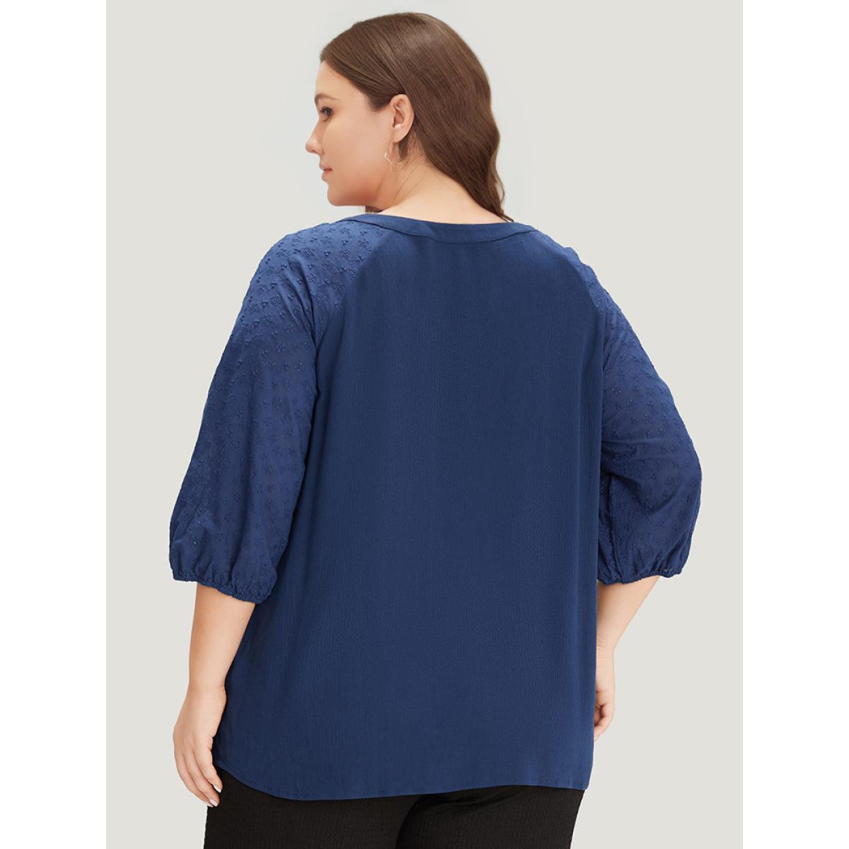 Plus Size Indigo Solid Button Up Patchwork Notched Lantern Sleeve Blouse Women Office Elbow-length sleeve Notched collar Work Blouses BloomChic 12/L Product Image