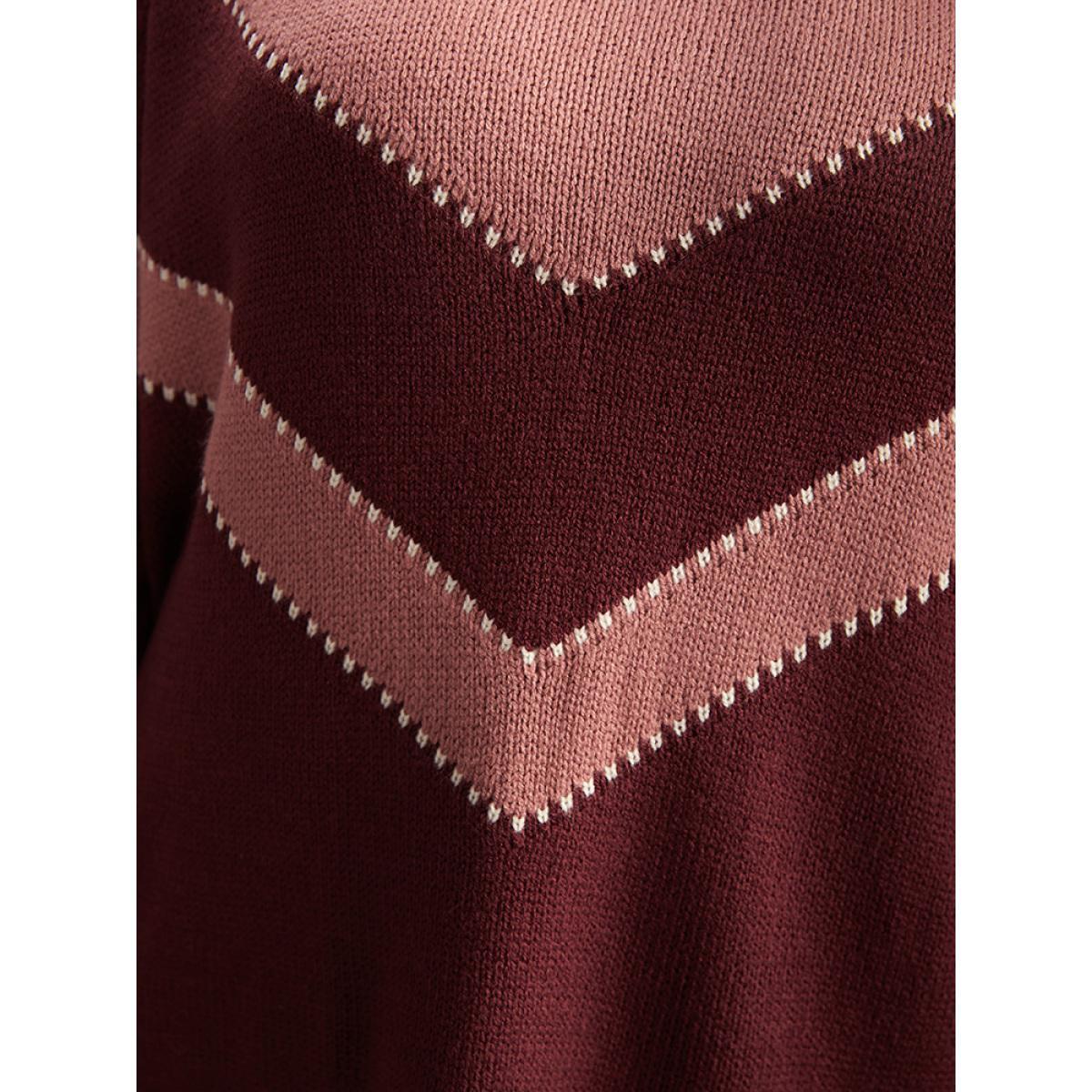 Plus Size Colorblock Contrast Round Neck Pullover Burgundy Women Casual Loose Long Sleeve Round Neck Dailywear Pullovers BloomChic 26/4X Product Image