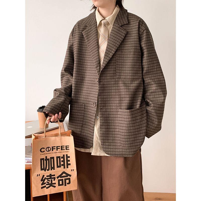Long-Sleeve Single Breasted Plaid Blazer Product Image