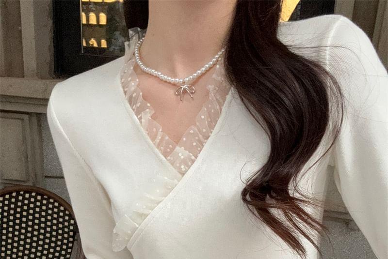 Long-Sleeve V-Neck Mesh Panel Criss Cross Slim Fit Crop Knit Top / High Rise Dotted Maxi A-Line Skirt Product Image