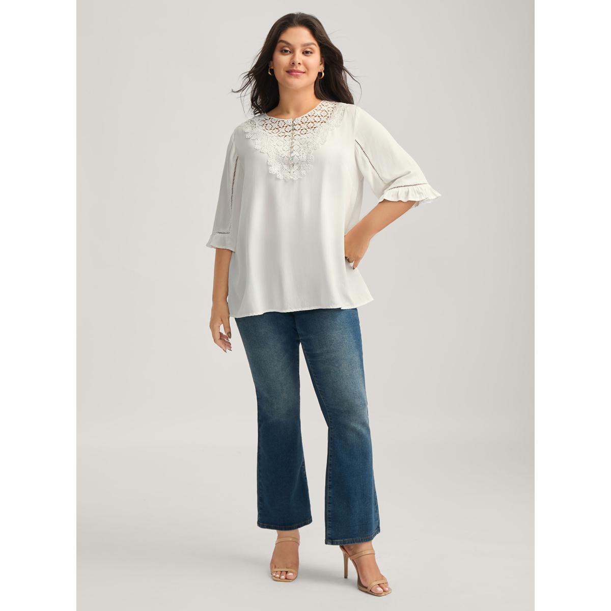 Plus Size WhiteSmoke Lace Spliced Button Detail Blouse Women Elbow-length sleeve Round Neck Everyday-Elegant Blouses BloomChic 18-20/2X Product Image