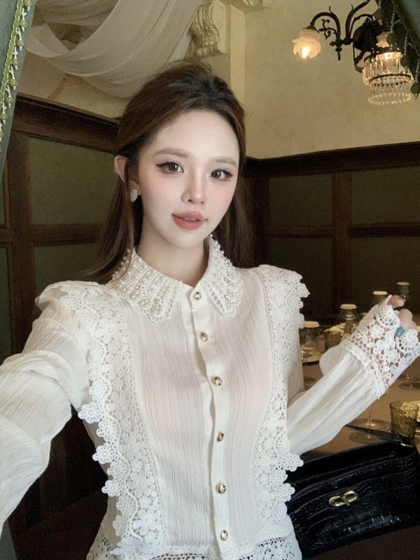 Long Sleeve Collared Plain Lace Trimmed Cropped Blouse Product Image