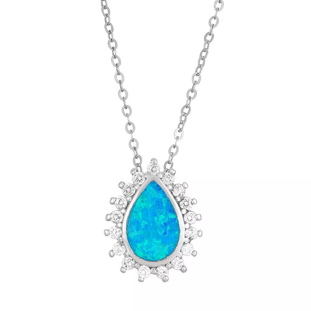 Lab-Created Blue Opal & Cubic Zirconia Sterling Silver Teardrop Halo Pendant Necklace, Women's, Size: 18" Product Image