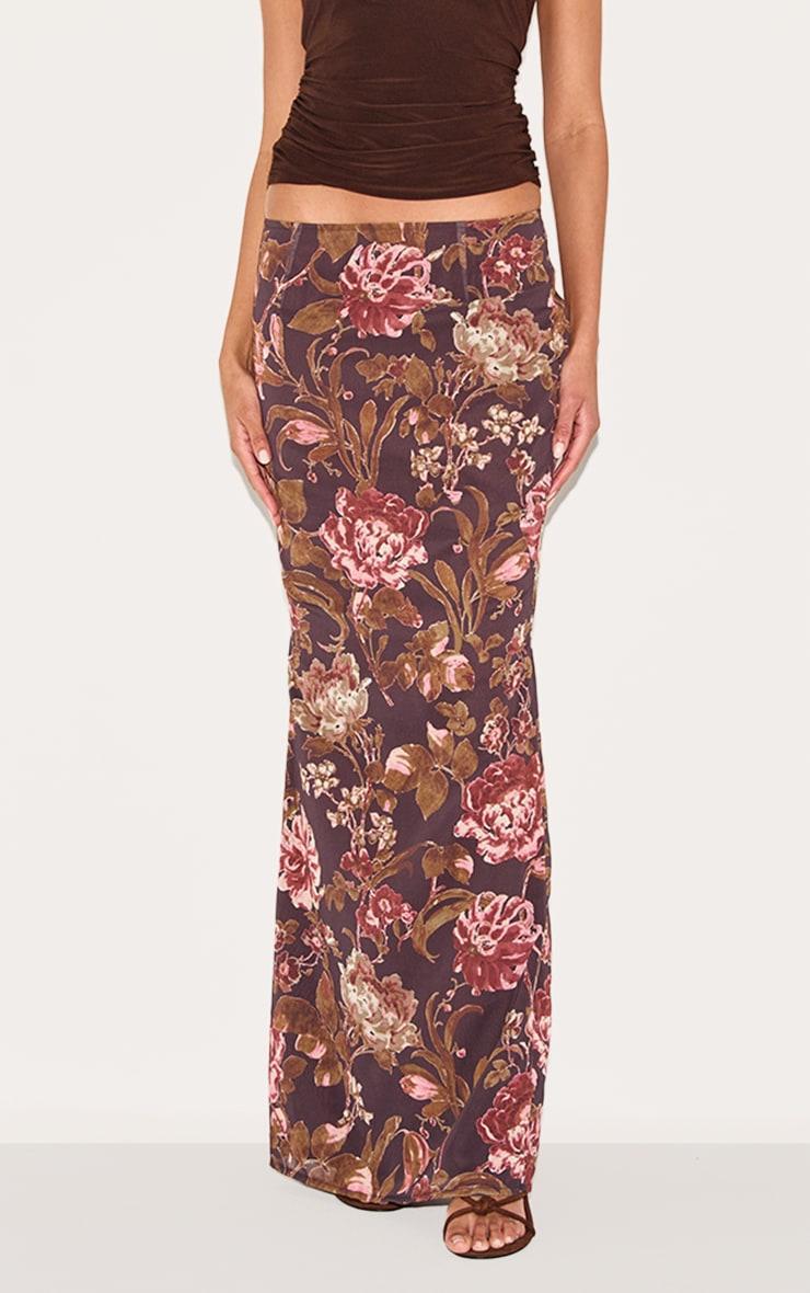  Brown Floral Print Chiffon Maxi Skirt    Product Image