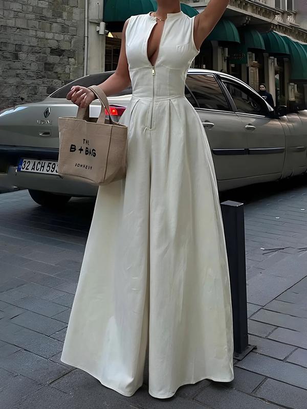 High Waisted Loose Pockets Solid Color Zipper V-Neck Jumpsuits Product Image