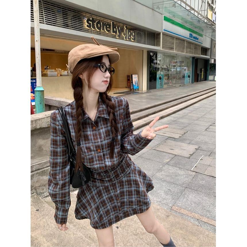 Long Sleeve Collared Plaid Mini A-Line Dress Product Image