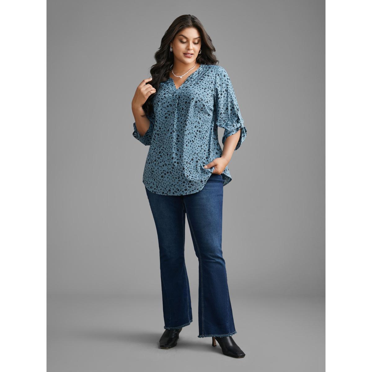 Plus Size Stone Ditsy Floral Button Cuff Sleeve Pleated Blouse Women Elegant Long Sleeve Flat collar with V-notch Everyday Blouses BloomChic 30/6X Product Image