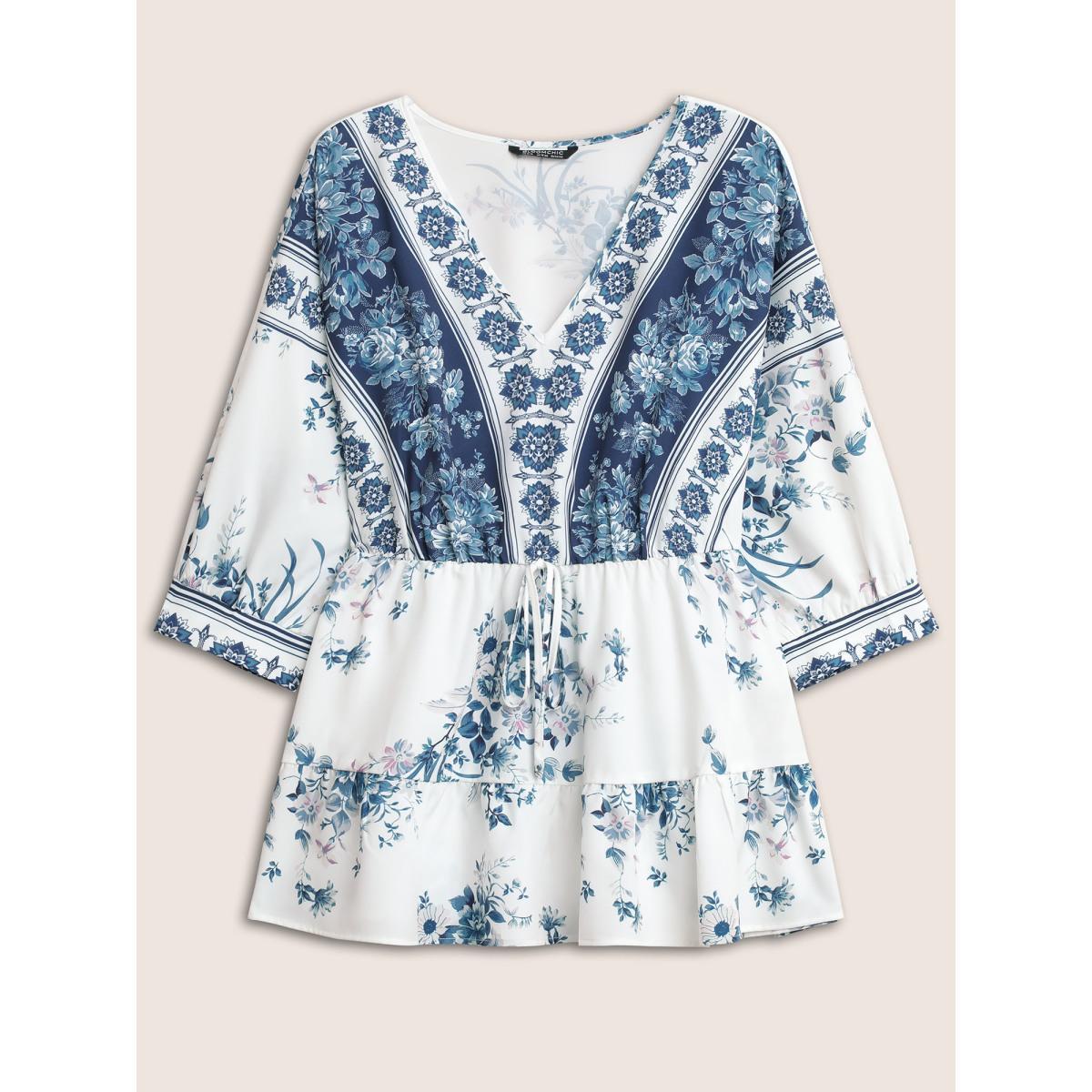 Plus Size Stone Boho Print Elastic Waist Ties Gathered Blouse Women Resort Elbow-length sleeve V-neck Vacation Blouses BloomChic 18-20/2X Product Image