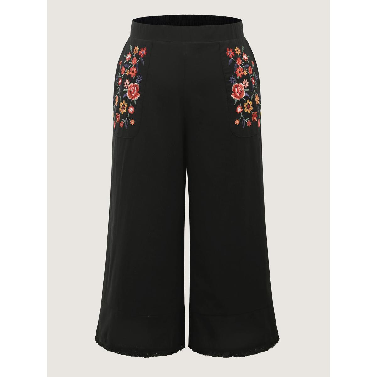 Plus Size Cotton Floral Embroidered Pockets Ribbed Hem Pants Women Black Resort Loose Mid Rise Vacation Pants BloomChic 12/L Product Image