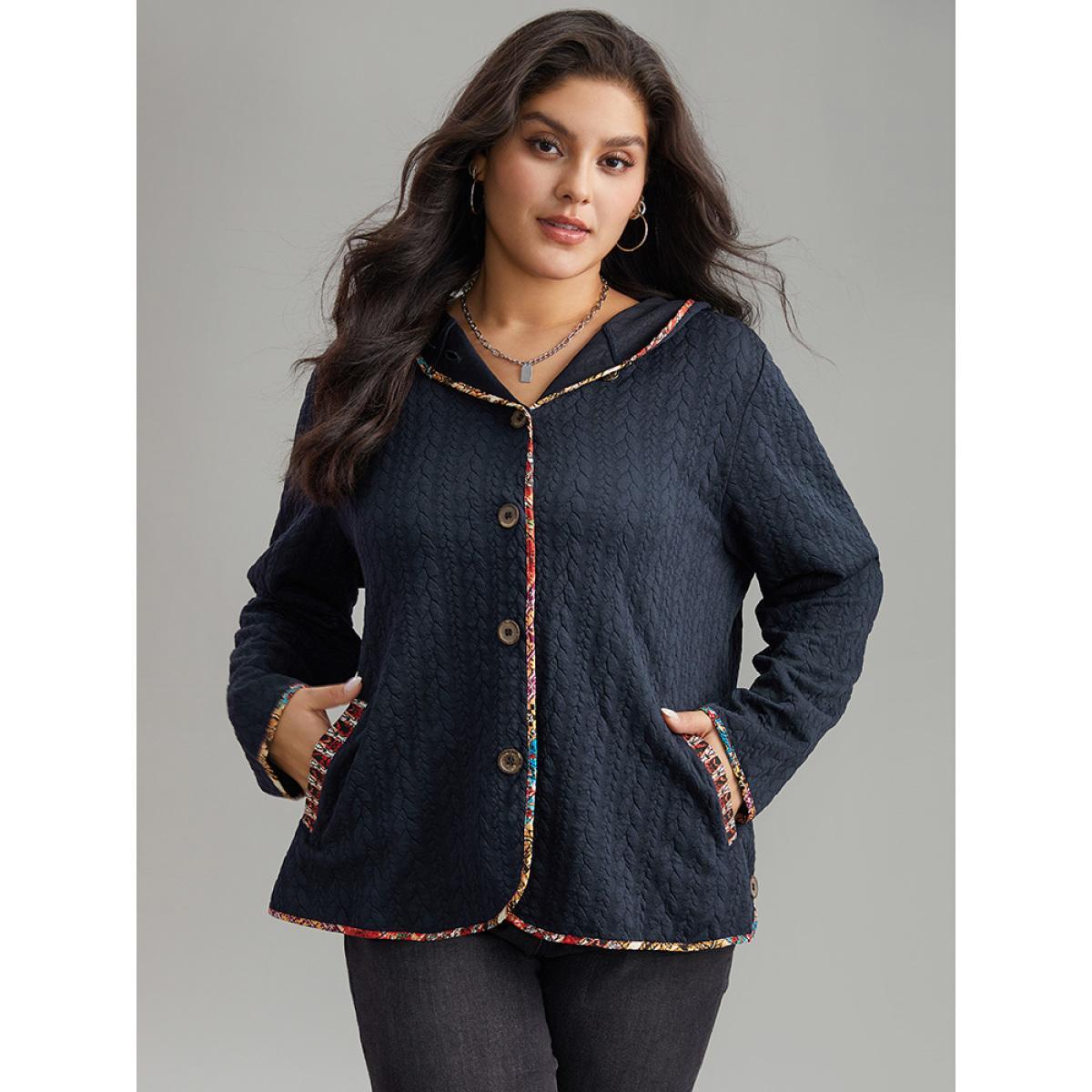 Plus Size Texture Pocket Patchwork Button Detail Jacket Women DarkBlue Texture Pocket Everyday Jackets BloomChic 10/M Product Image