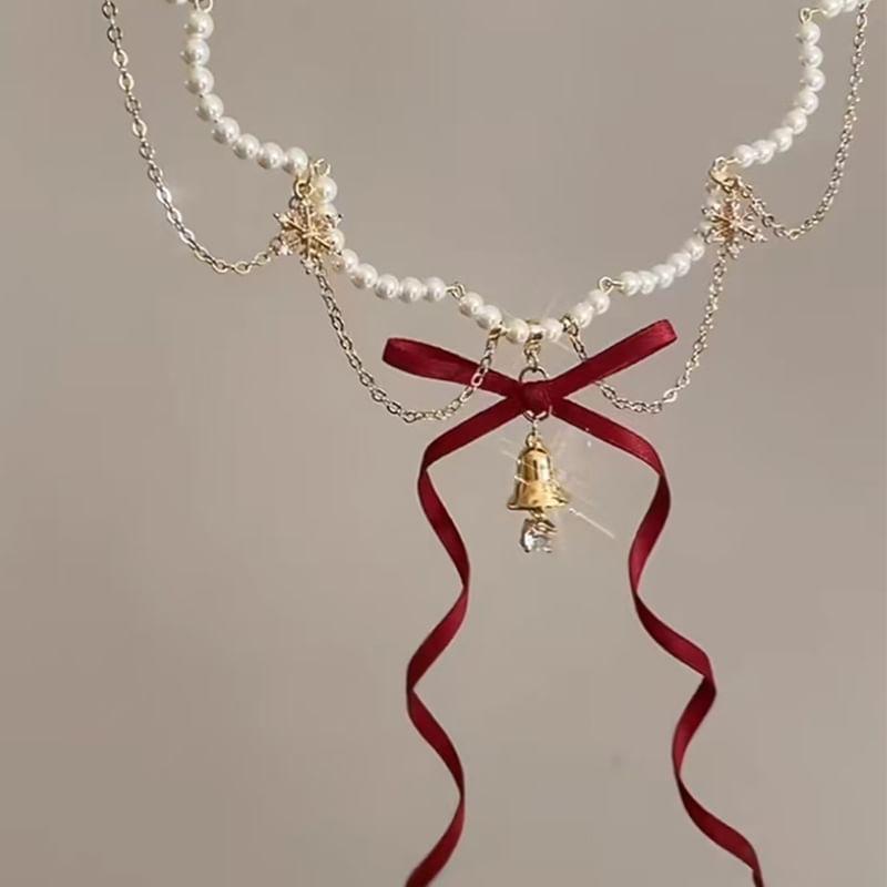 Ribbon Bell Pendant Layered Faux Pearl Alloy Necklace Product Image
