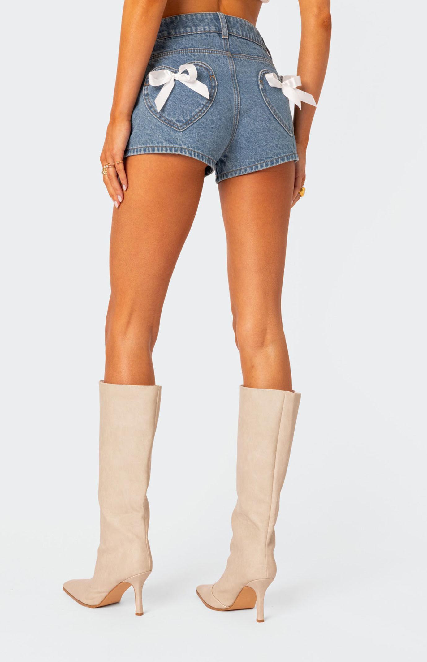 Edikted Women's Bow Pocket Washed Denim Shorts Product Image