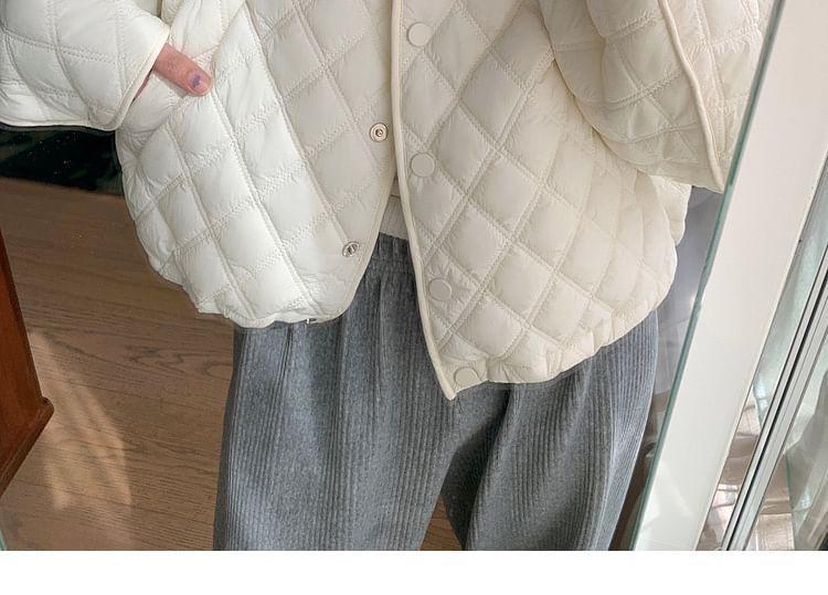 Crew Neck Plain Quilted Button-Up Crop Jacket Product Image