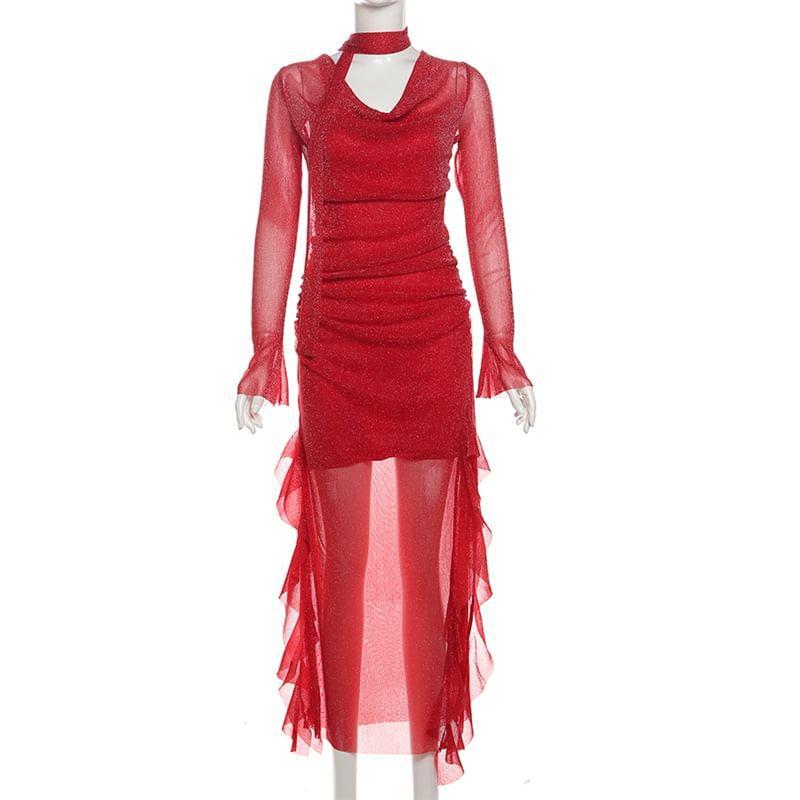Long Sleeve Cowl Neck Ruffle Trim Glitter Midi Bodycon Dress Product Image
