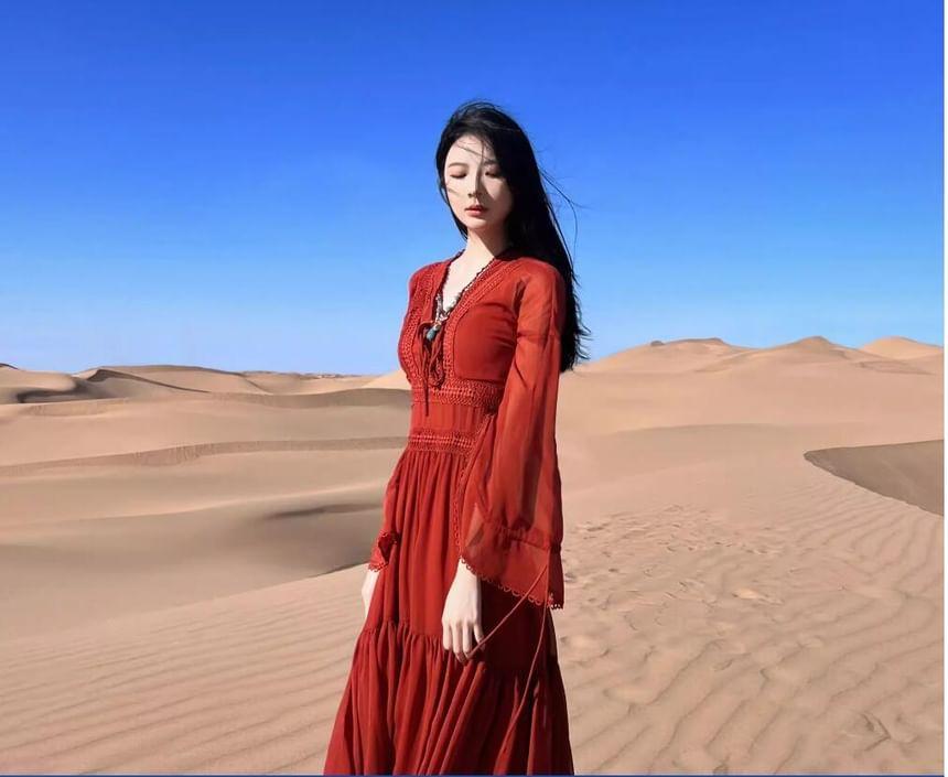 Long-Sleeve V-Neck Plain Lace Trim Maxi A-Line Dress Product Image
