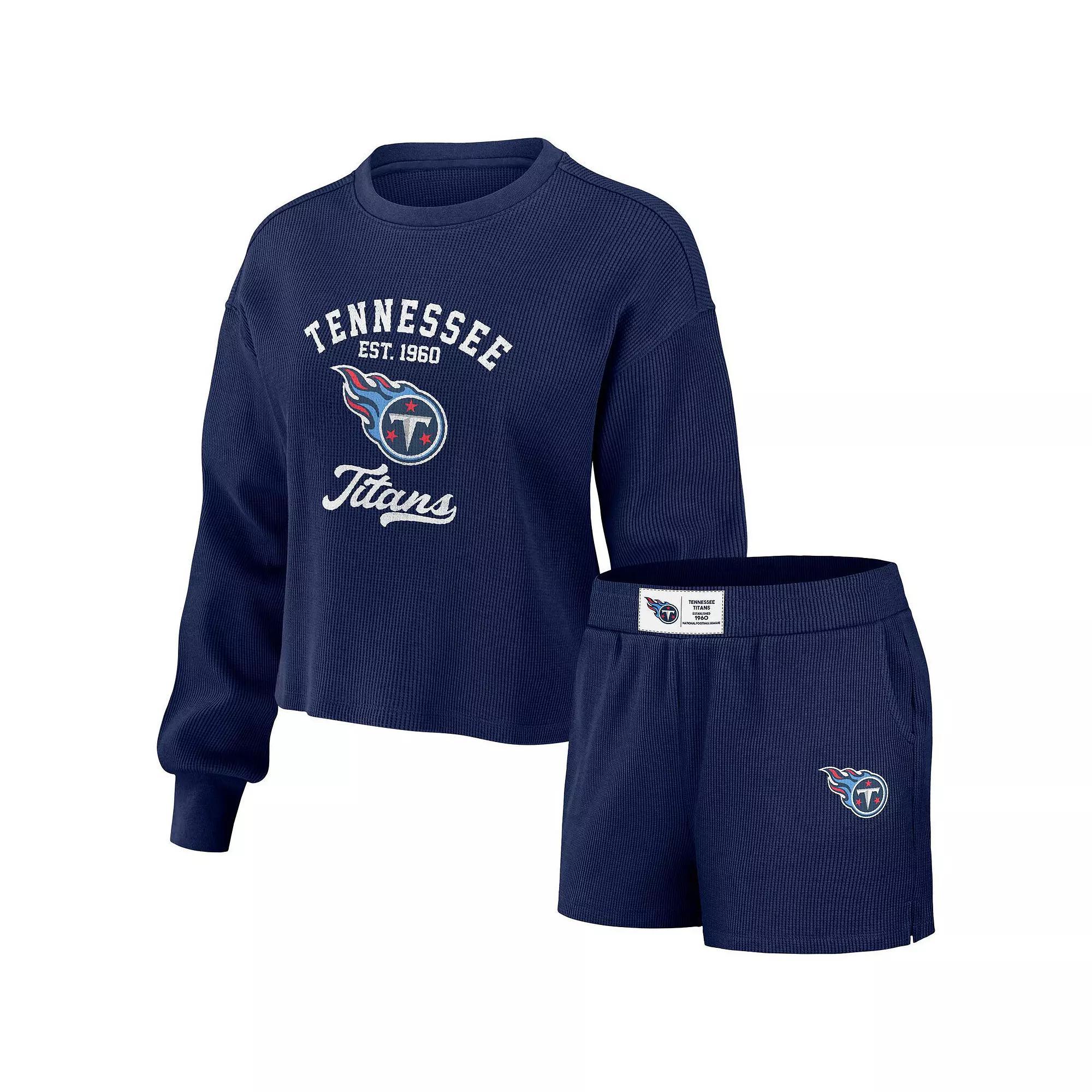 Women's WEAR by Erin Andrews Navy Denver Broncos Waffle Knit Long Sleeve T-Shirt & Shorts Lounge Set, Size: 2XL, Blue Product Image