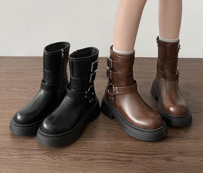 Platform Plain Buckled Short Boots Product Image