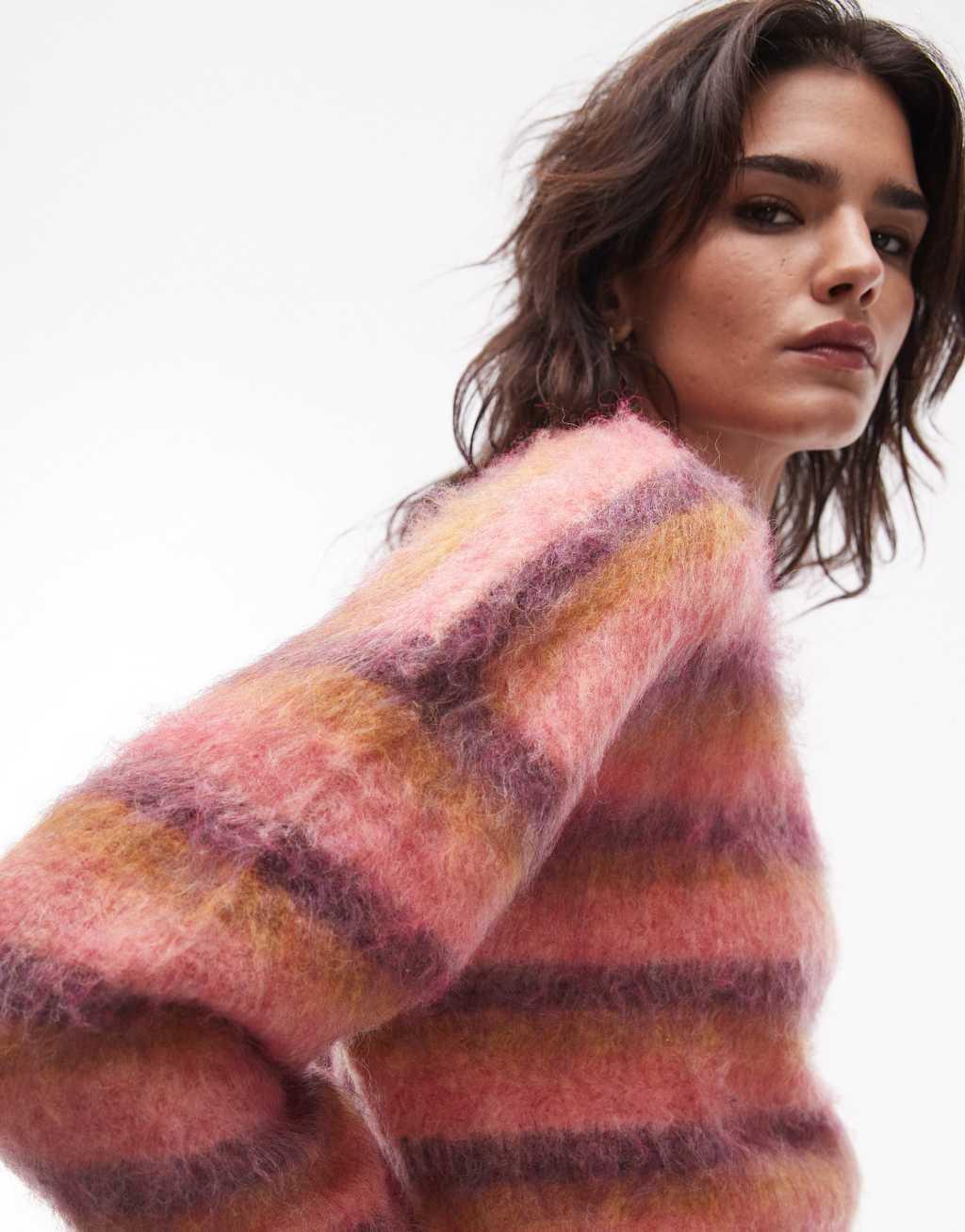 Topshop knitted ultra fluffy relaxed sweater in pink ochre and purple stripe Product Image