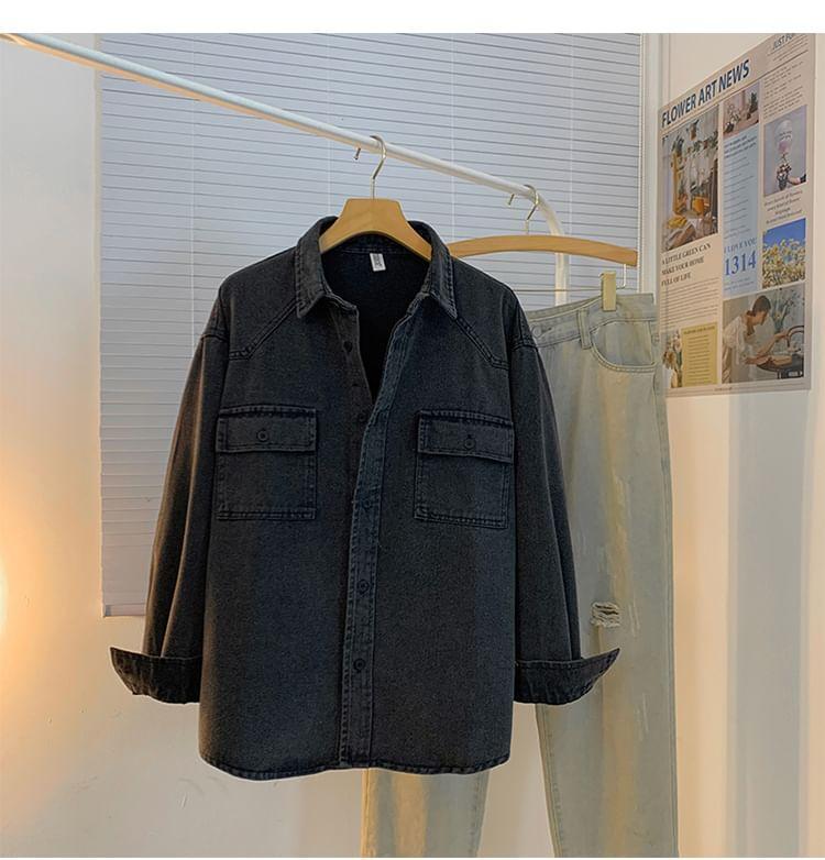 Long Sleeve Collared Washed Denim Cargo Shirt Product Image