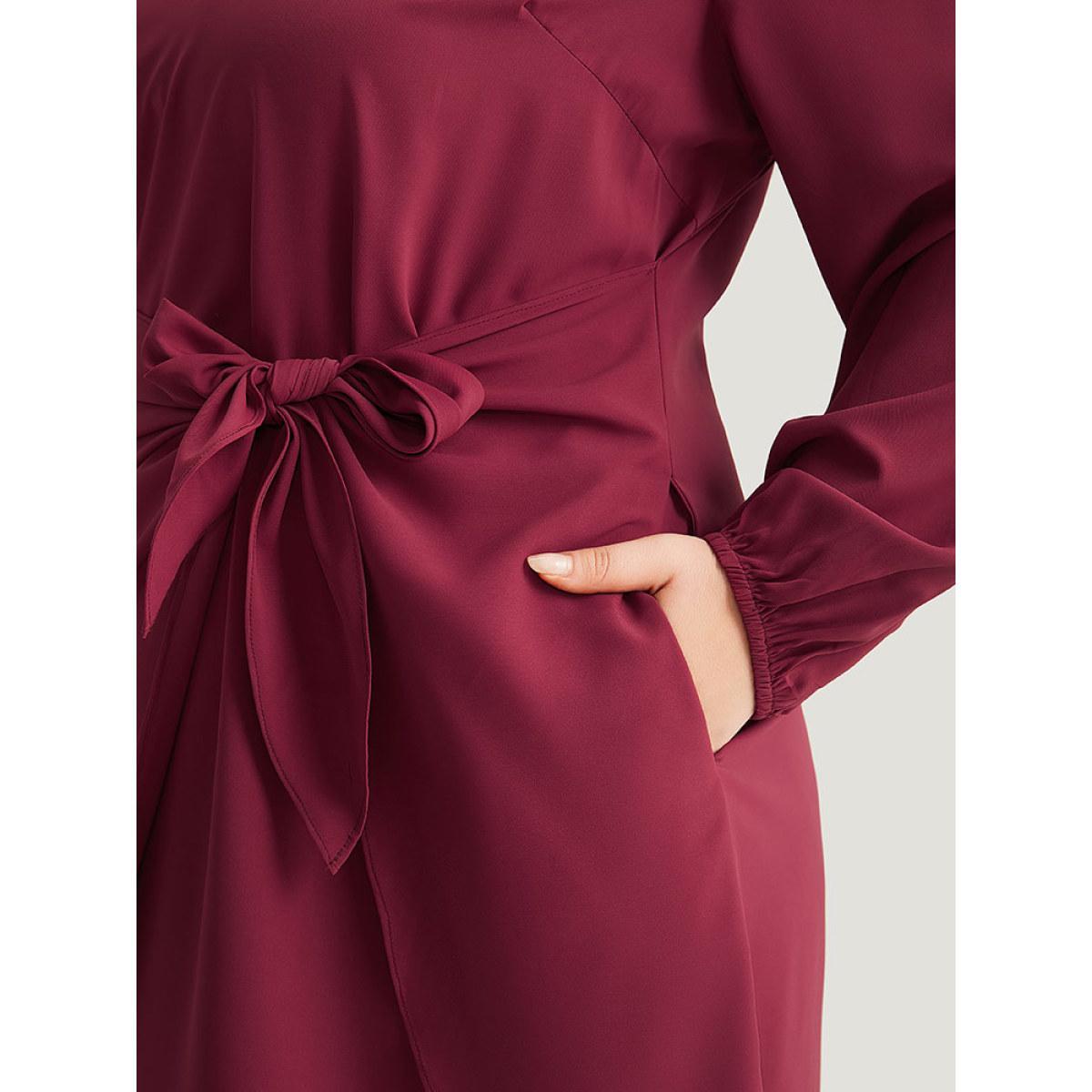Plus Size Anti-Wrinkle Solid Ties Lantern Sleeve Dress Scarlet Women Office Elastic cuffs Notched collar Long Sleeve Curvy Knee Dress BloomChic 12/L Product Image