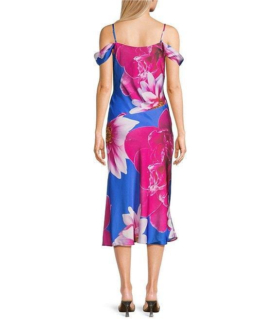 I.N. San Francisco Floral Print Off The Shoulder Spaghetti Strap Cowl Neck Midi Slit Dress Product Image