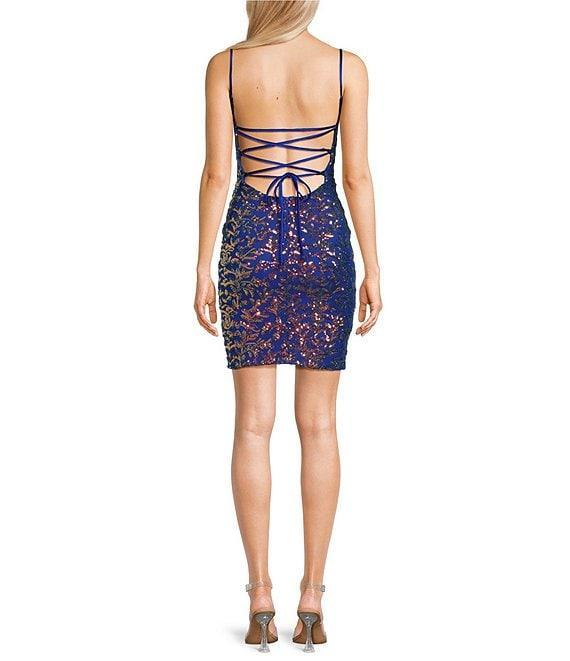Honey and Rosie Spaghetti Strap V-Neck Fitted Sequin Lace Up Back Dress Product Image