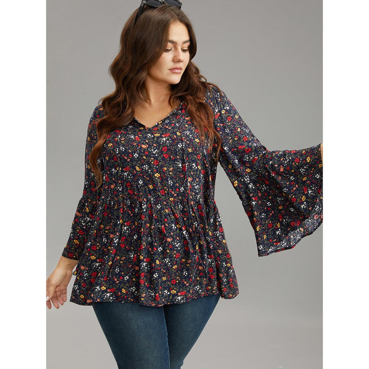 Plus Size Indigo Floral Tie Neck Frill Trim Bell Sleeve Blouse Women Elegant Long Sleeve Tie Neck Dailywear Blouses BloomChic 10/M Product Image