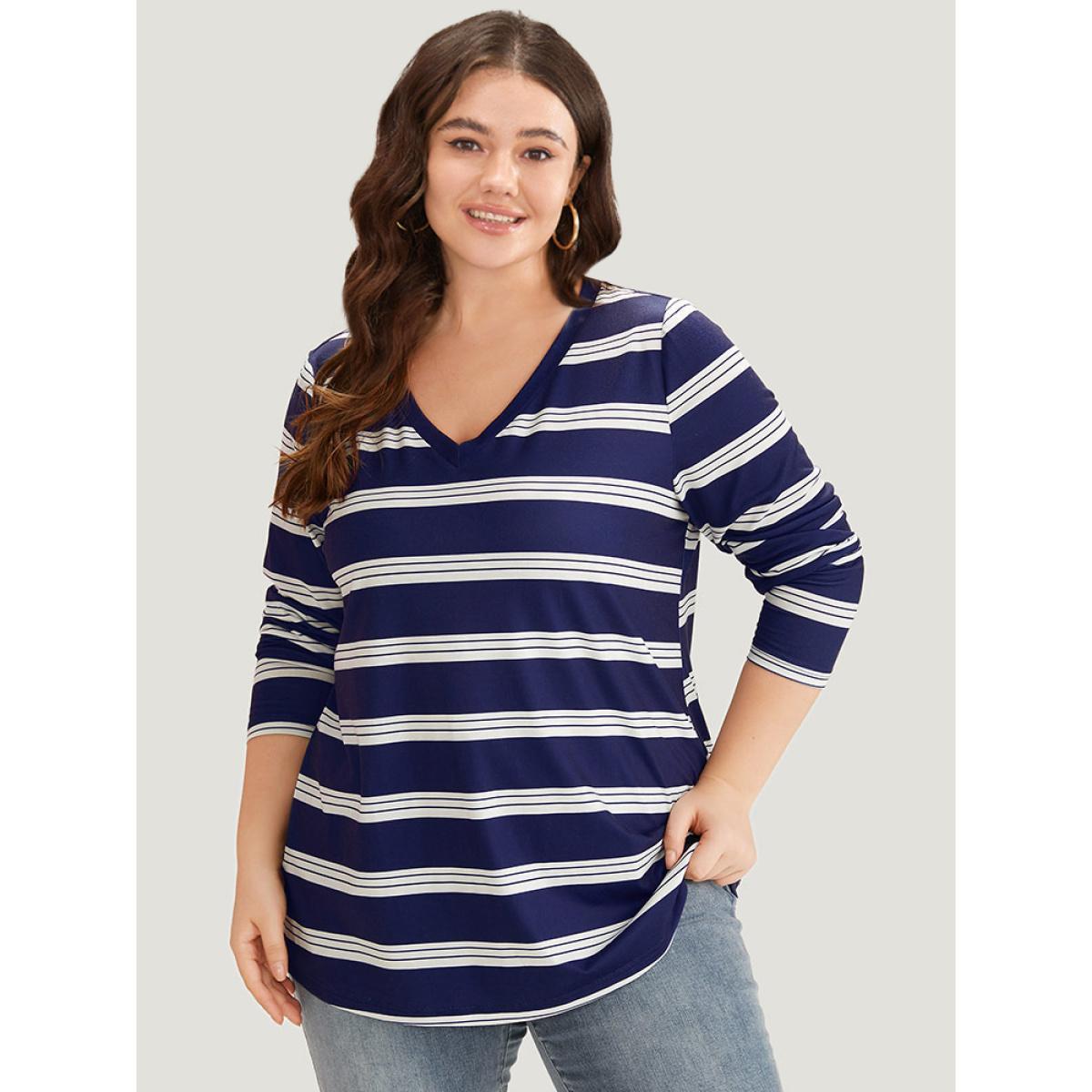 Plus Size Striped Print V Neck T-shirt DarkBlue Women Casual Printed Striped V-neck Dailywear T-shirts BloomChic 18-20/2X Product Image