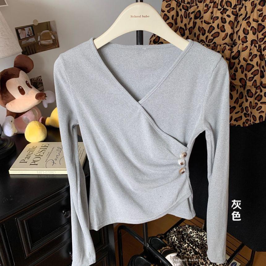 Long-Sleeve V-Neck Plain Shirred Top Product Image