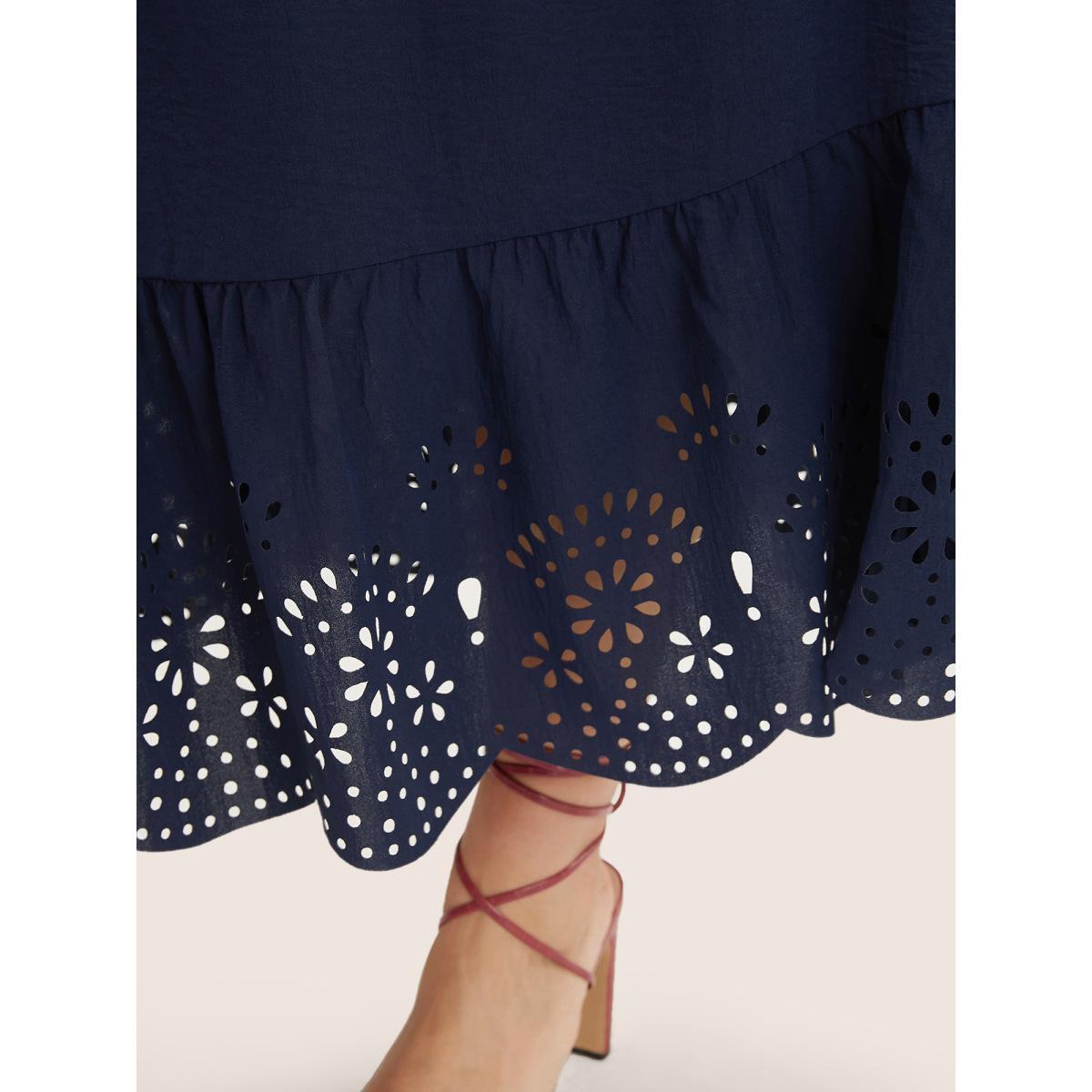 Plus Size Solid Laser Cut Shirred Pocket Wrap Scalloped Trim Flutter Dress Navy Women Elegant Non V-neck Short sleeve Curvy Midi Dress BloomChic 18-20/2X Product Image