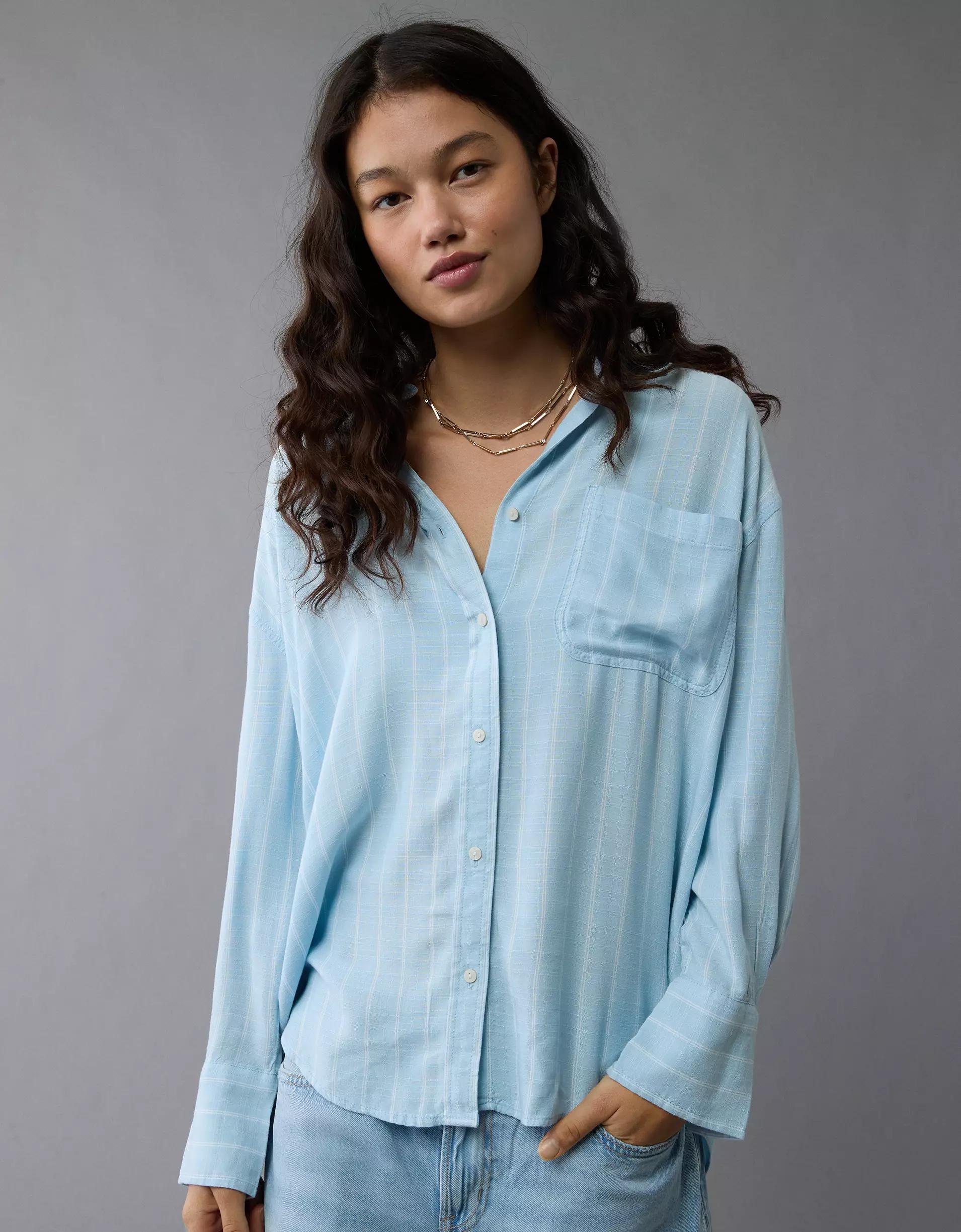 AE Long-Sleeve Tie Back Button-Up Shirt Product Image