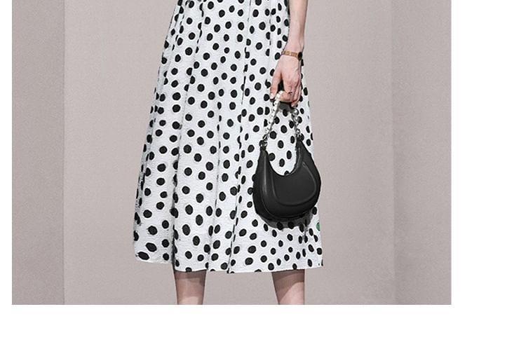 Puff Sleeve V-Neck Dotted Strapped Midi A-Line Dress Product Image