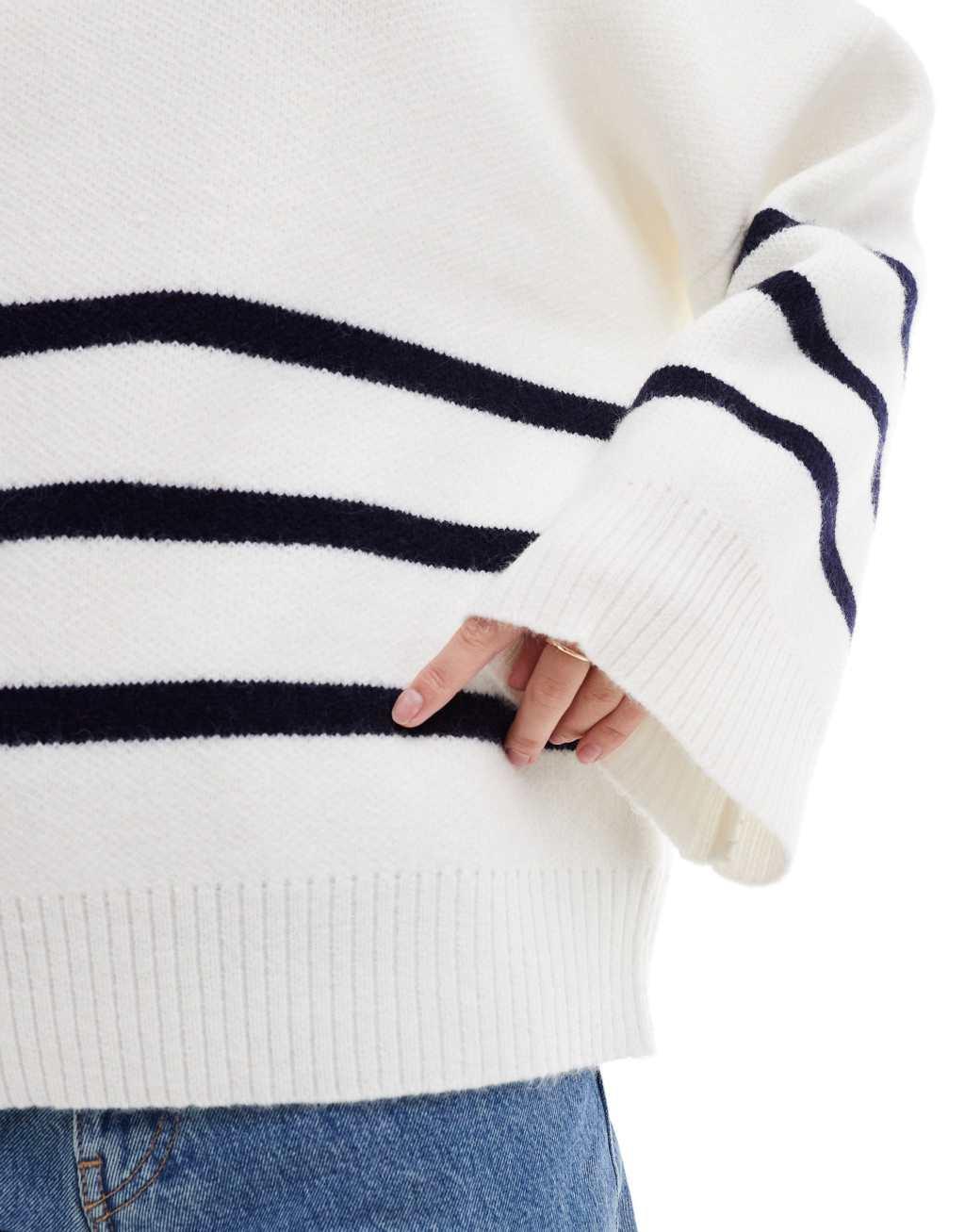 Pretty Lavish crew neck stripe knit sweater in white Product Image