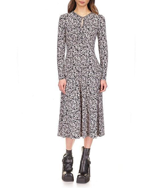 Michael Kors Printed Keyhole Chain Neckline Long Sleeve A-Line Midi Dress Product Image