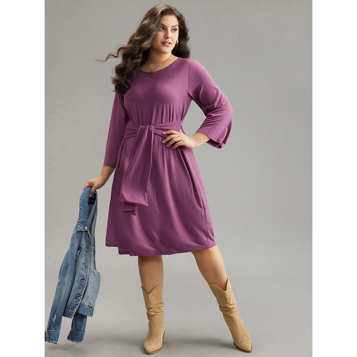 Plus Size Solid Ties Knot Round Neck Dress Mauve Women Basics Plain Round Neck Long Sleeve Curvy Midi Dress BloomChic 30/6X Product Image