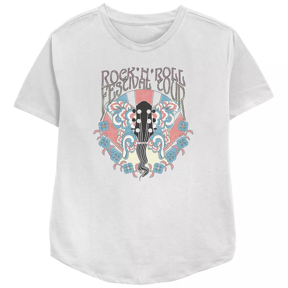 Women's Rock'N'Roll Festival Tour Guitar Flowers Butterfly Psychedelia Relaxed Fit Graphic Tee, Girl's, Size: Large, White Product Image