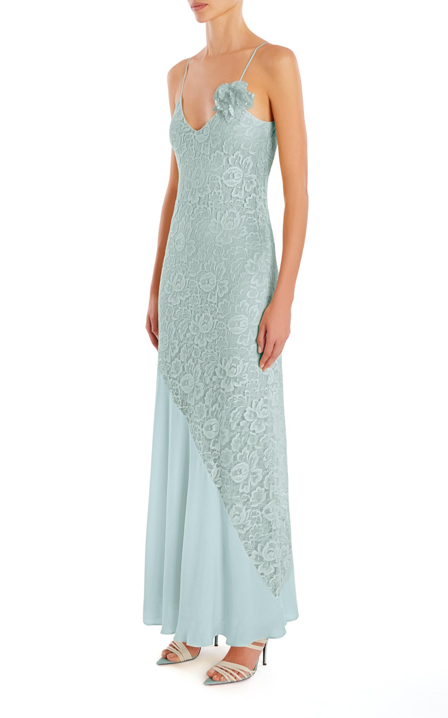 Sea Foam French Levers Lace And Silk Georgette Bias Gown Product Image