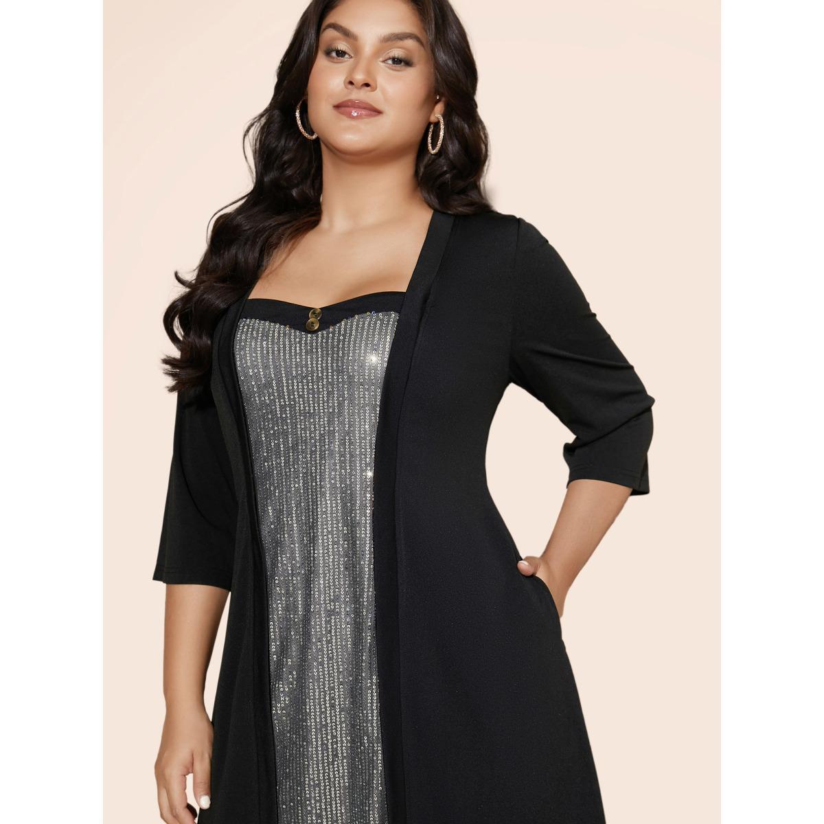Plus Size Heart Neckline Patchwork Sequin Button Detail Dress Silver Women Cocktail Texture Party Curvy Bloomchic 18-20/2X Product Image