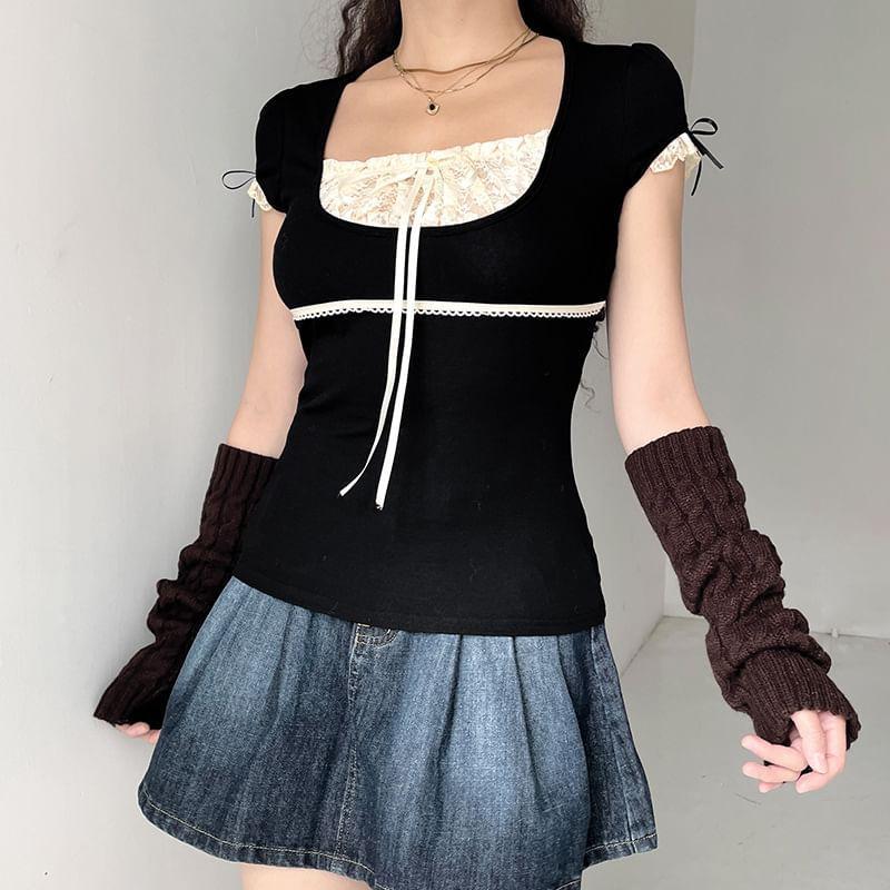 Short Sleeve / Long Sleeve Mock Two Piece Lace-Panel Tie-Front Crop Top Product Image