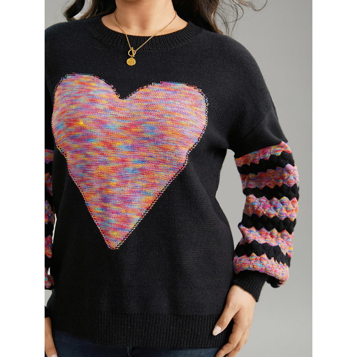 Plus Size Heart Heather Patchwork Crew Neck Pullover Black Women Casual Loose Long Sleeve Round Neck Everyday Pullovers BloomChic 12/L Product Image