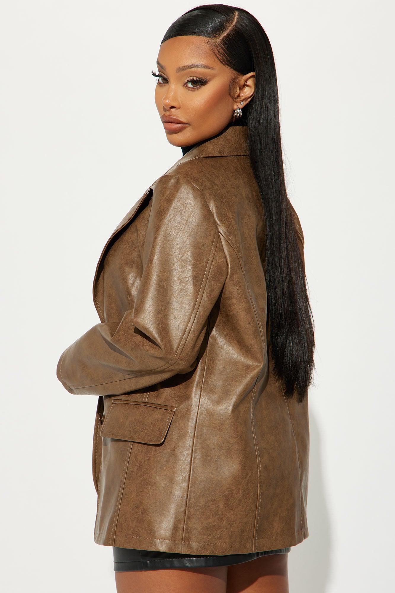 Blaire Washed Faux Leather Blazer - Brown Product Image