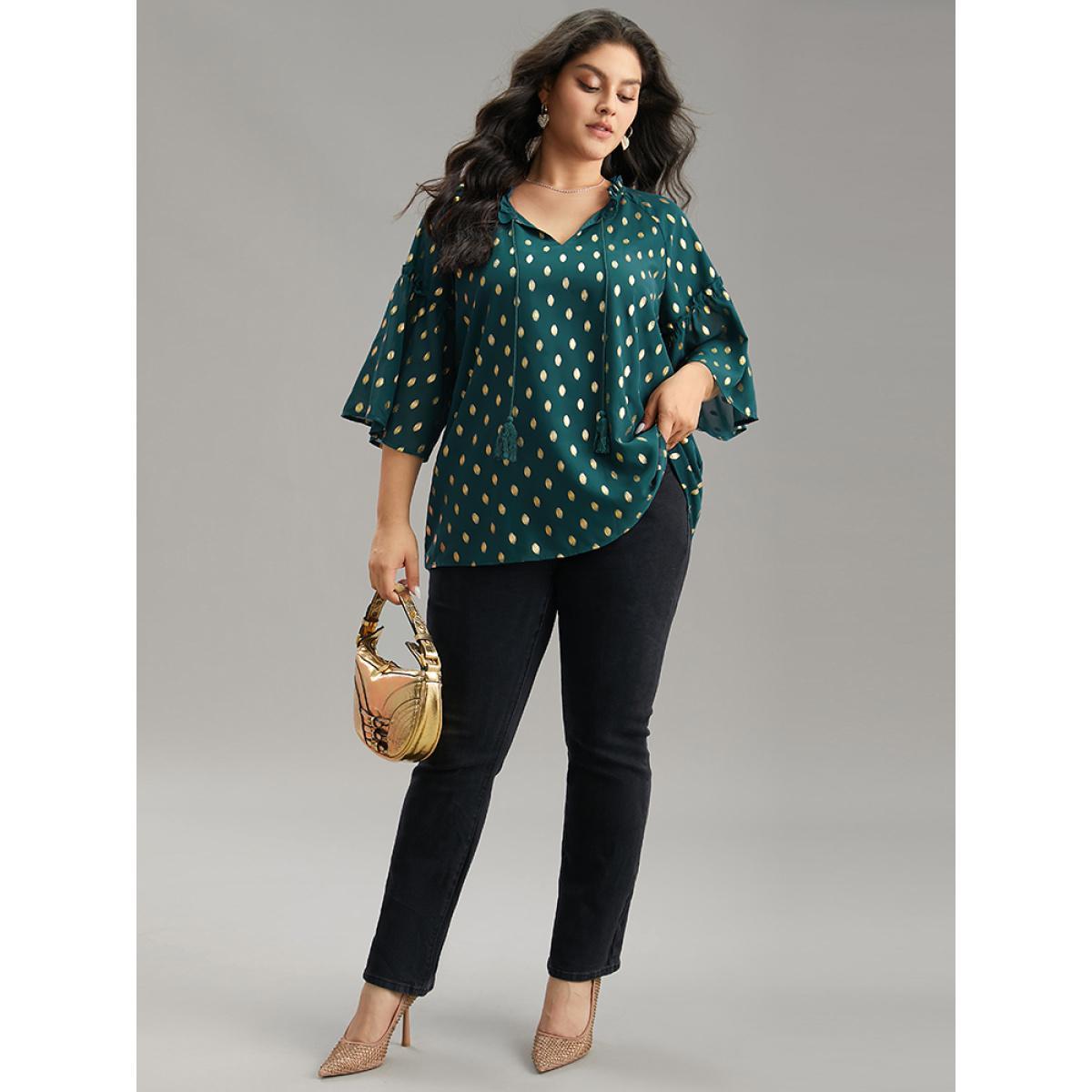 Plus Size Cyan Geo Glitter Tassels Ties Blouse Women Glamour Elbow-length sleeve Tie Neck Going out Blouses BloomChic 12/L Product Image