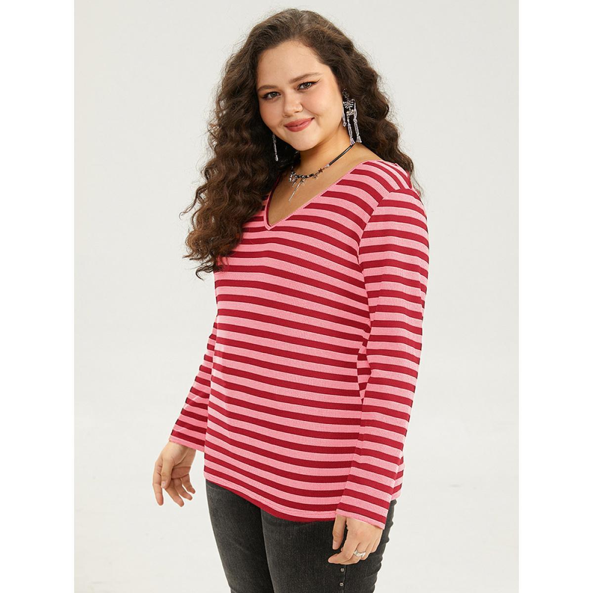 Plus Size Halloween V Neck Contrast Striped T-shirt Red Women Casual Contrast Striped V-neck Festival-Halloween T-shirts BloomChic 14-16/1X Product Image
