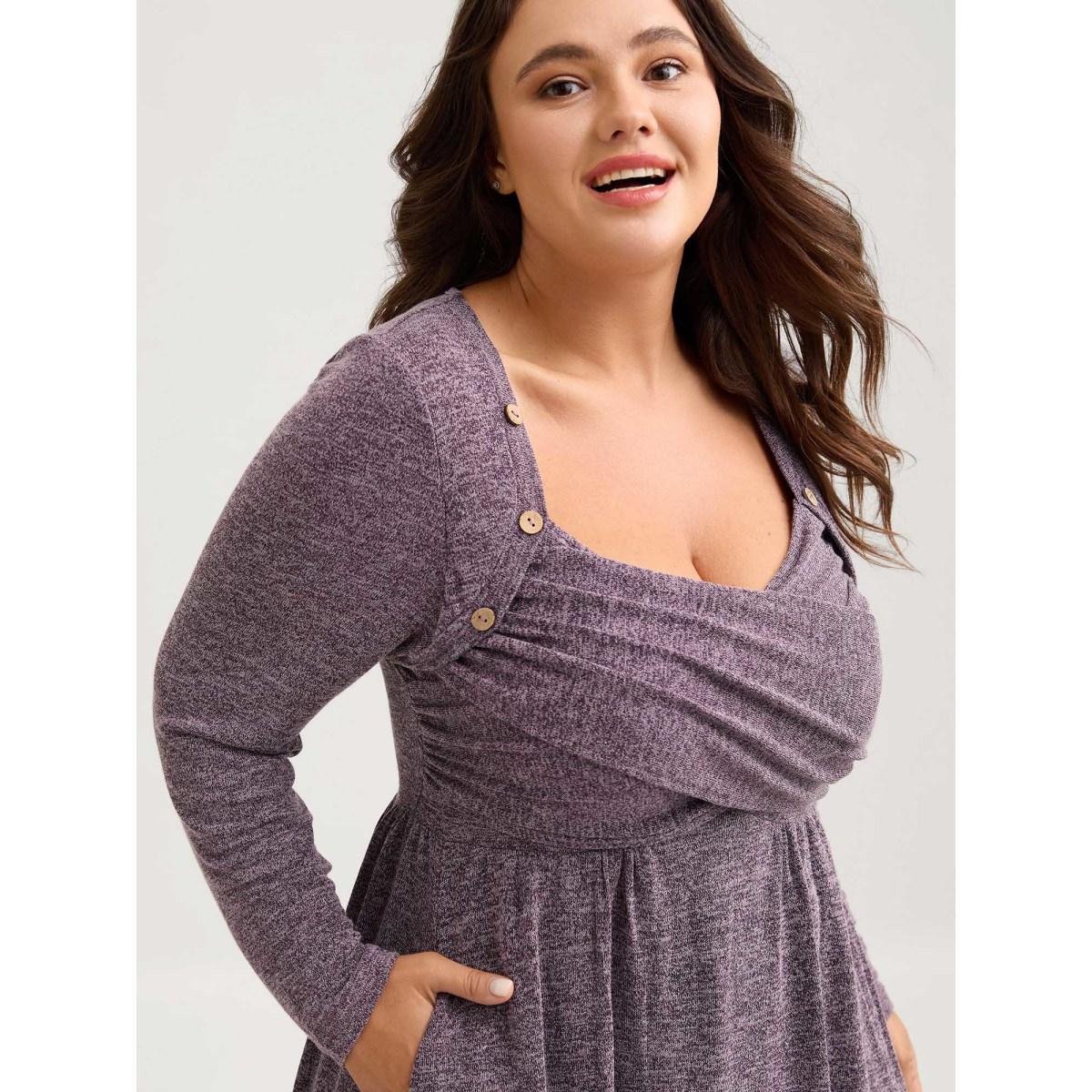 Plus Size Heart Neckline Button Detailing Crossover Fit Dress Mauve Women Casual Gathered Knit Dresses Bloomchic 12/L Product Image