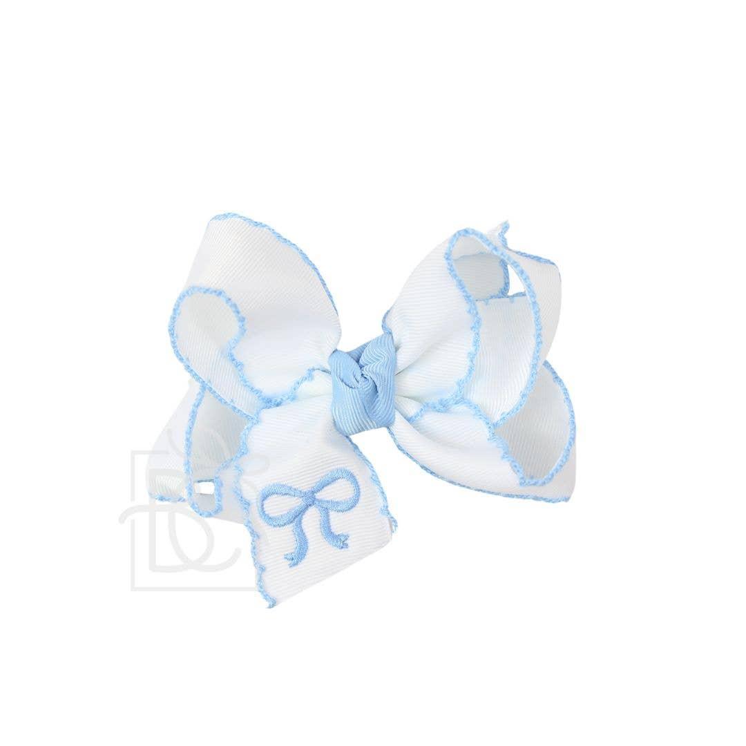 EMBROIDERED BOW CROCHET EDGE HAIR BOW ON ALLIGATOR CLIP : Light Pink w/ White Crochet Edge & Hot Pink Embroidered Bow / 5.5" Huge Product Image