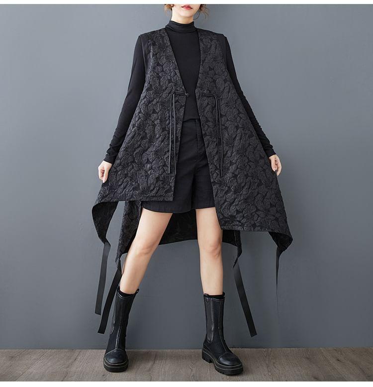 V-Neck Floral Jacquard Asymmetrical Frog Buttoned Long Vest Product Image